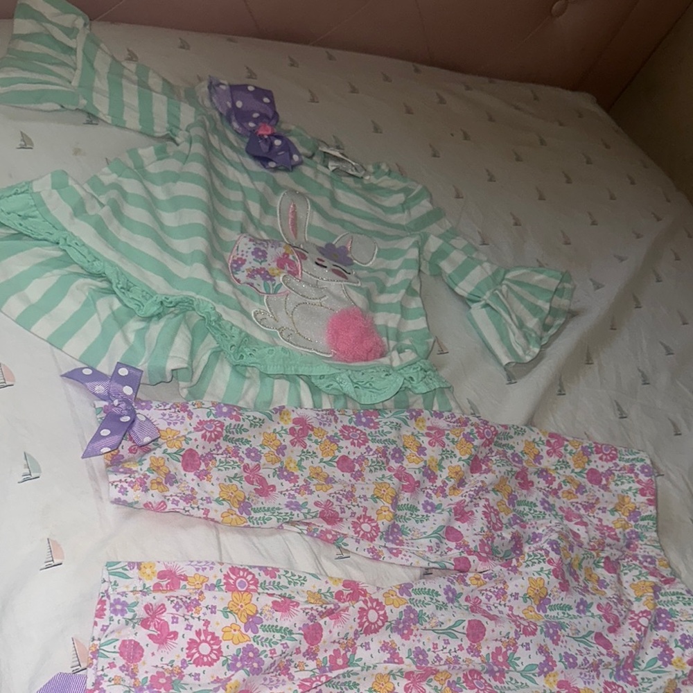 Striped Bunny Top and Floral Pants Set